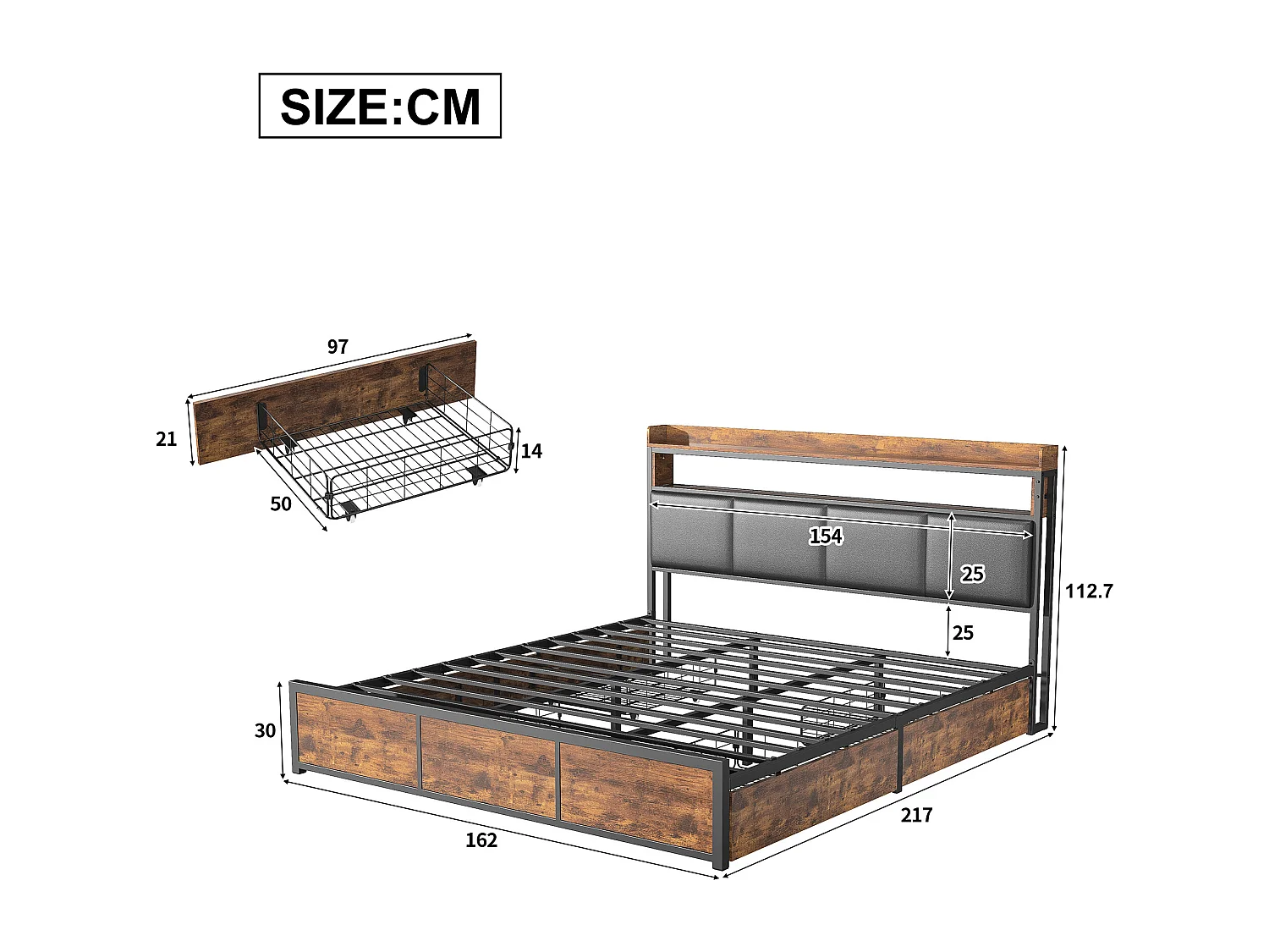 Lit rembourré de style vintage avec 4 tiroirs - lit double avec lumières LED - cadre de lit en métal avec tête en bois PU - noir 180 x 200cm