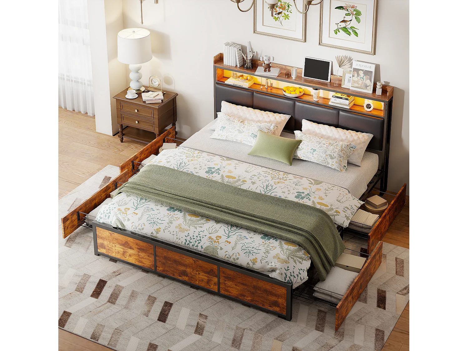 Lit rembourré de style vintage avec 4 tiroirs - lit double avec lumières LED - cadre de lit en métal avec tête en bois PU - noir 180 x 200cm