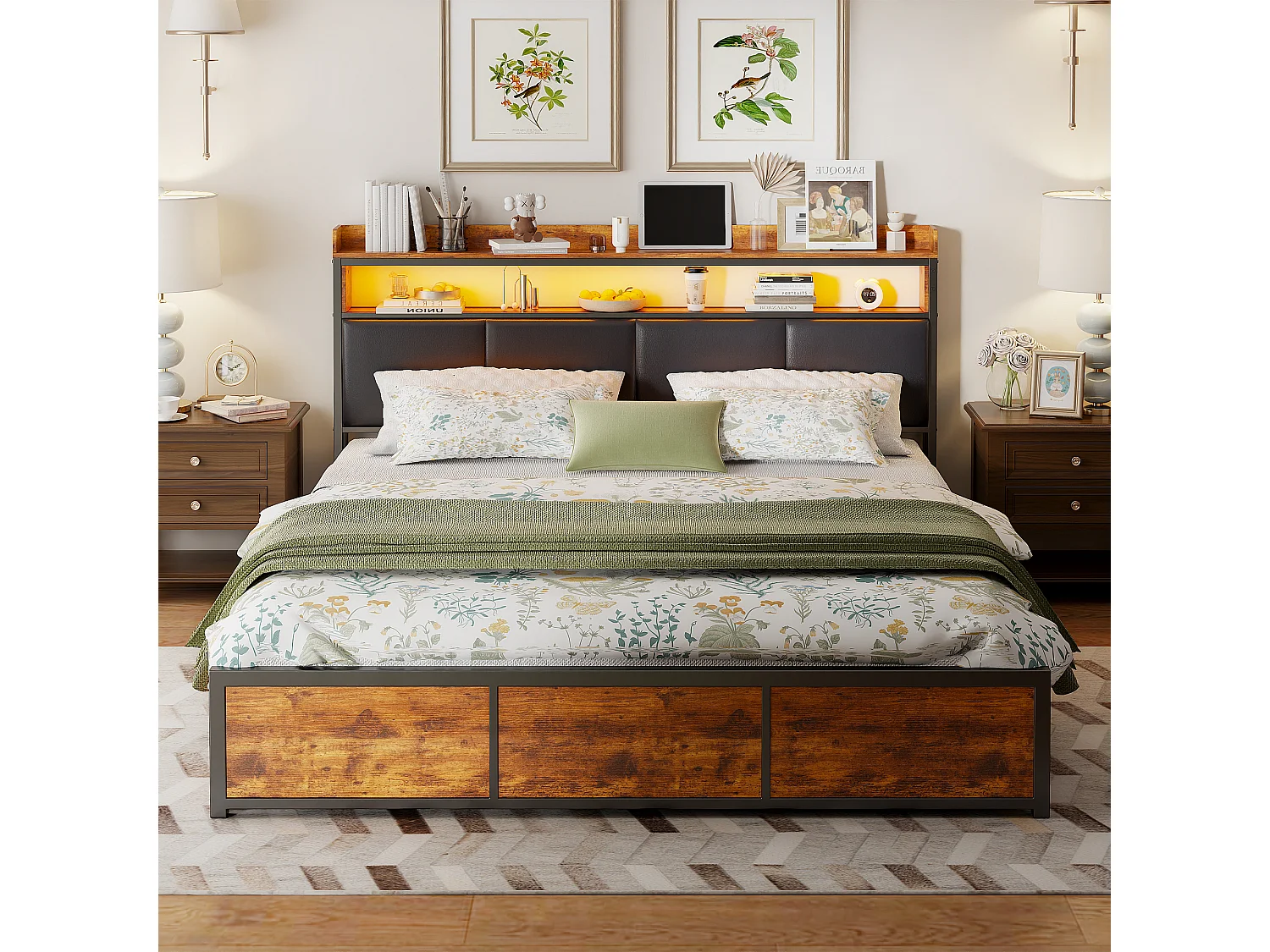 Lit rembourré de style vintage avec 4 tiroirs - lit double avec lumières LED - cadre de lit en métal avec tête en bois PU - noir 180 x 200cm