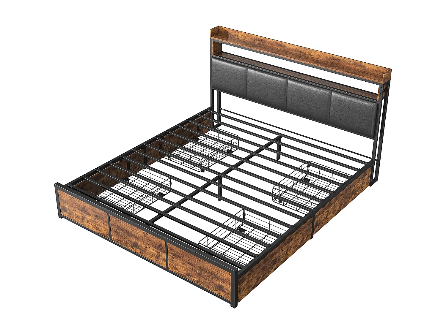 Lit rembourré de style vintage avec 4 tiroirs - lit double avec lumières LED - cadre de lit en métal avec tête en bois PU - noir 180 x 200cm
