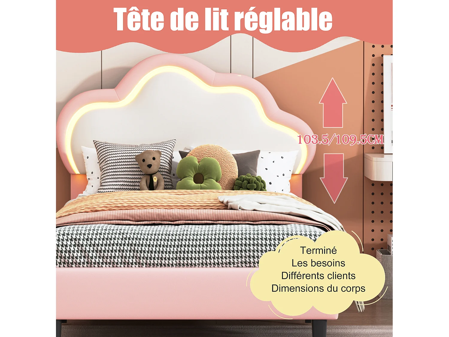 Lit simple de tête en forme de nuage - lit d'enfants en cuir avec bande LED - cadre de lit de plateforme rembourré pour adolescent - 90x200cm - rose