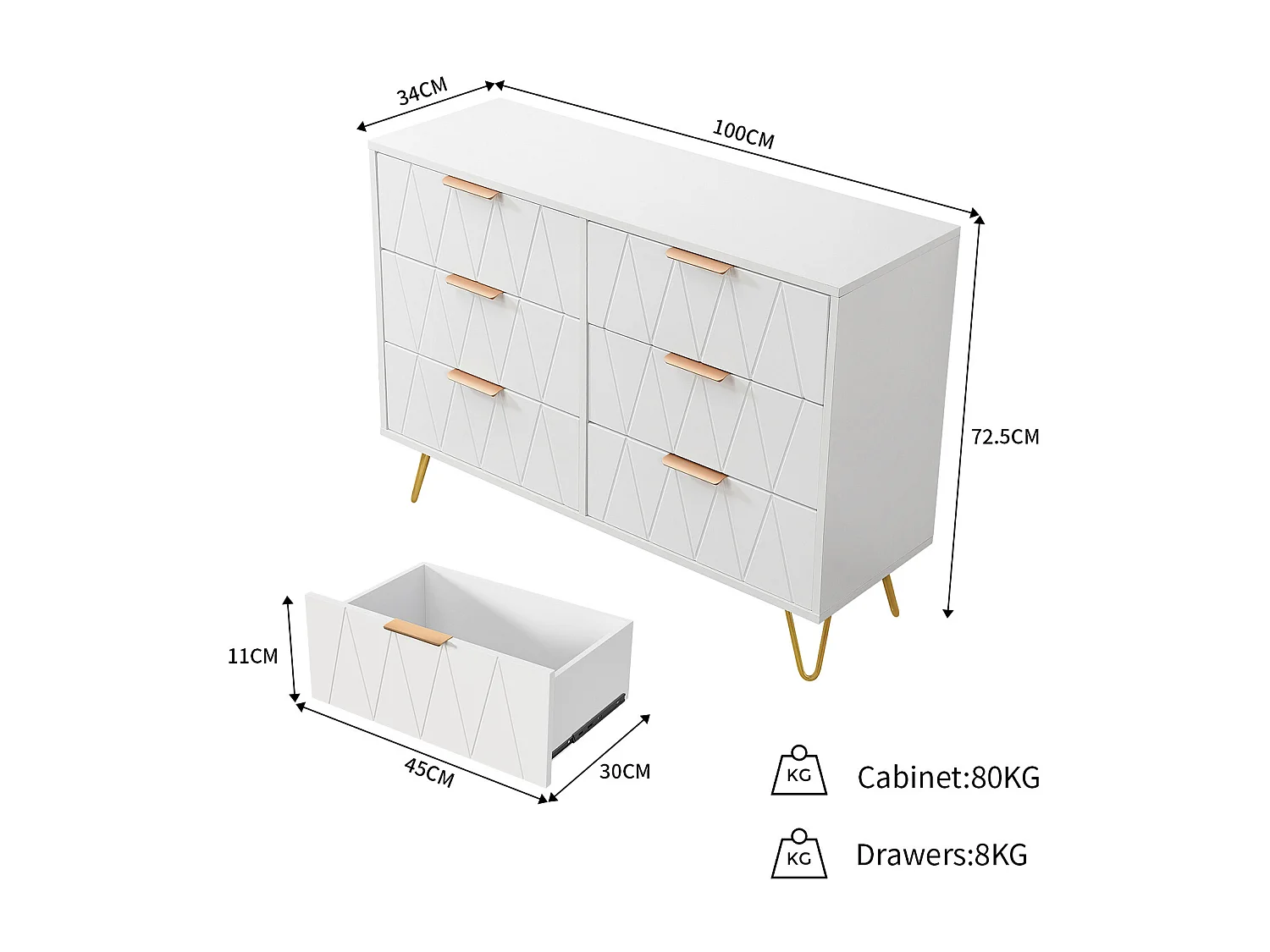 Armoire de rangement à 6 tiroirs - Couverture avec jambes en or - Armoires au sol modernes - Armoire d'accent pour salon couloir salle à manger entrée - blanc