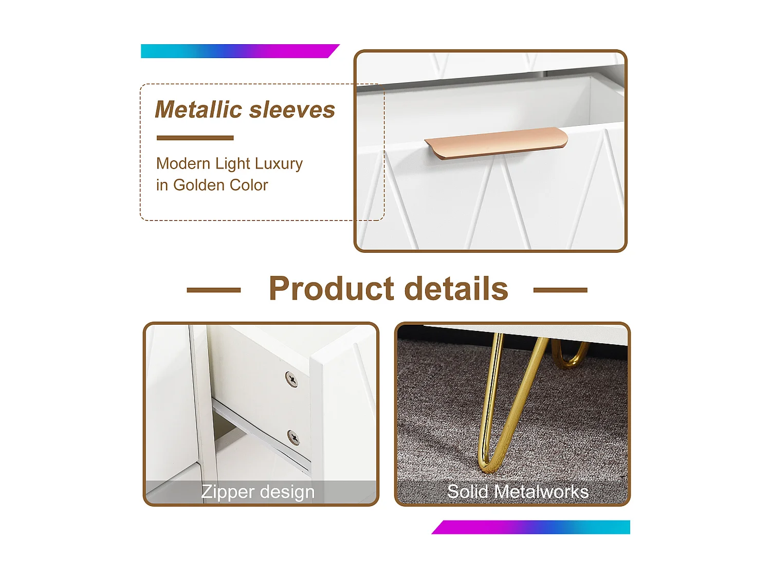 Armoire de rangement à 6 tiroirs - Couverture avec jambes en or - Armoires au sol modernes - Armoire d'accent pour salon couloir salle à manger entrée - blanc