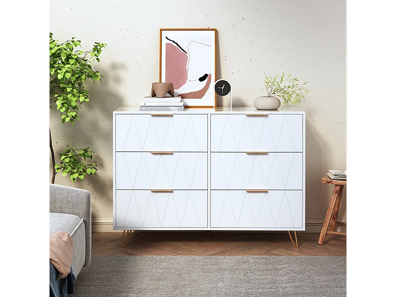 Armoire de rangement à 6 tiroirs - Couverture avec jambes en or - Armoires au sol modernes - Armoire d'accent pour salon couloir salle à manger entrée - blanc
