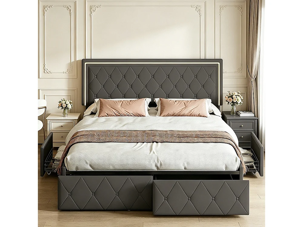 Lit double rembourré en PU avec 4 tiroirs - 140 x 200 cm - Cabinet avec lumières LED Cadre de lit pour adultes et adolescents  - Gris