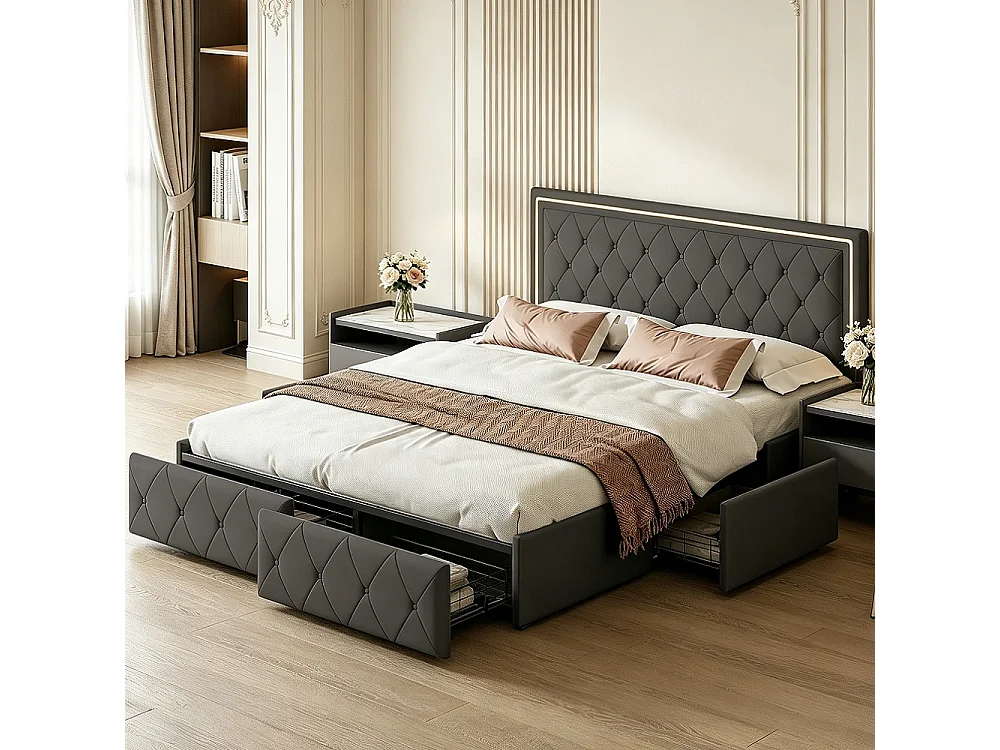 Lit double rembourré en PU avec 4 tiroirs - 140 x 200 cm - Cabinet avec lumières LED Cadre de lit pour adultes et adolescents  - Gris