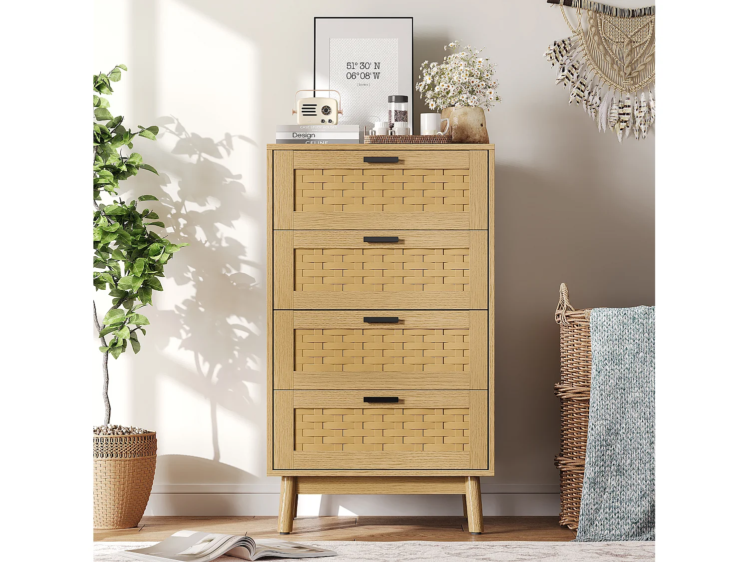 PVC Imitation Rattan Surface Sideboard - Nightstands Bohemian - Commode - Armoire de rangement avec 4 tiroirs - pour le salon Salle à manger - Couleur chêne