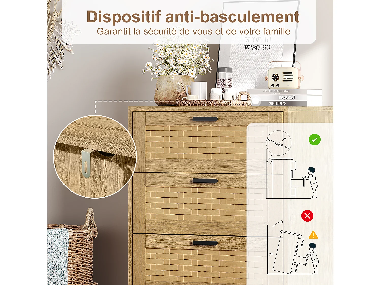 PVC Imitation Rattan Surface Sideboard - Nightstands Bohemian - Commode - Armoire de rangement avec 4 tiroirs - pour le salon Salle à manger - Couleur chêne