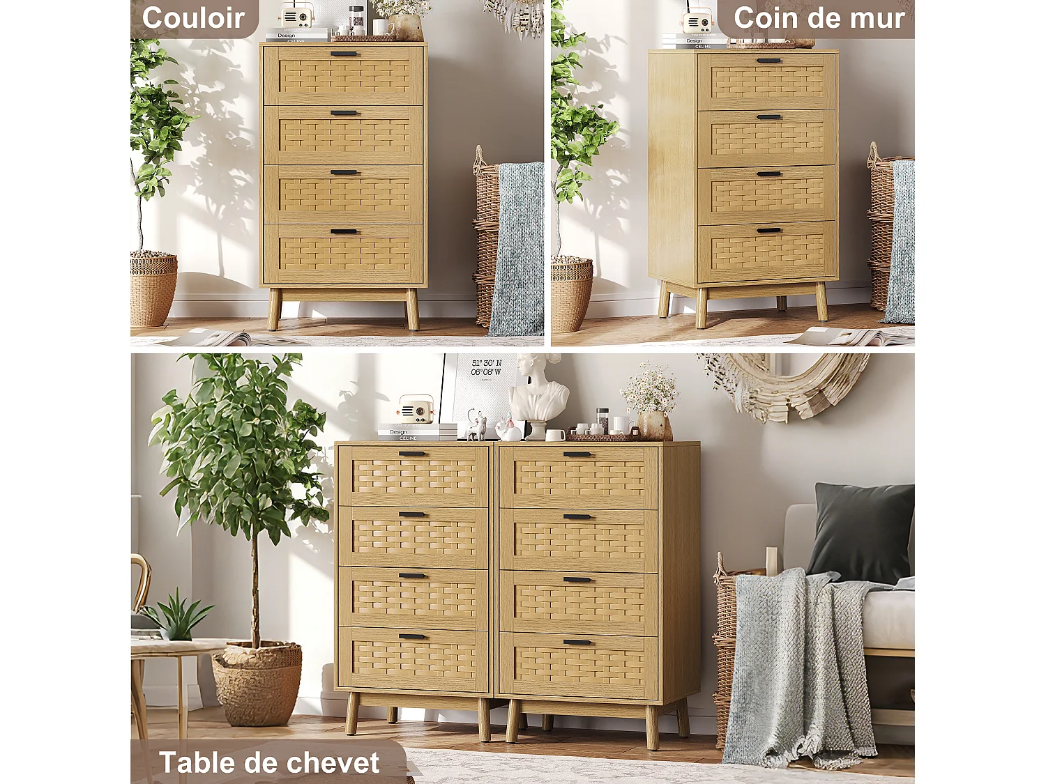 PVC Imitation Rattan Surface Sideboard - Nightstands Bohemian - Commode - Armoire de rangement avec 4 tiroirs - pour le salon Salle à manger - Couleur chêne