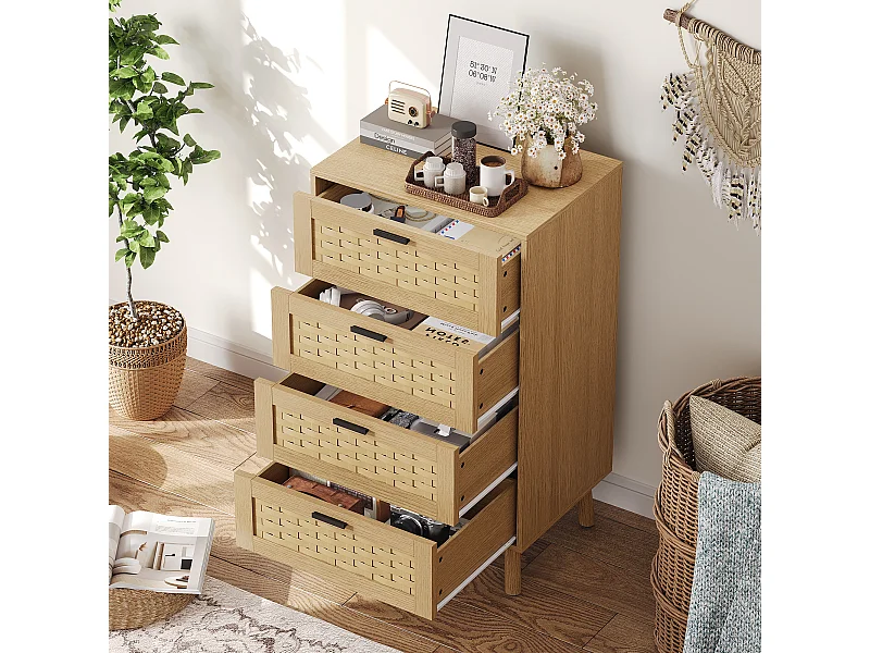 PVC Imitation Rattan Surface Sideboard - Nightstands Bohemian - Commode - Armoire de rangement avec 4 tiroirs - pour le salon Salle à manger - Couleur chêne