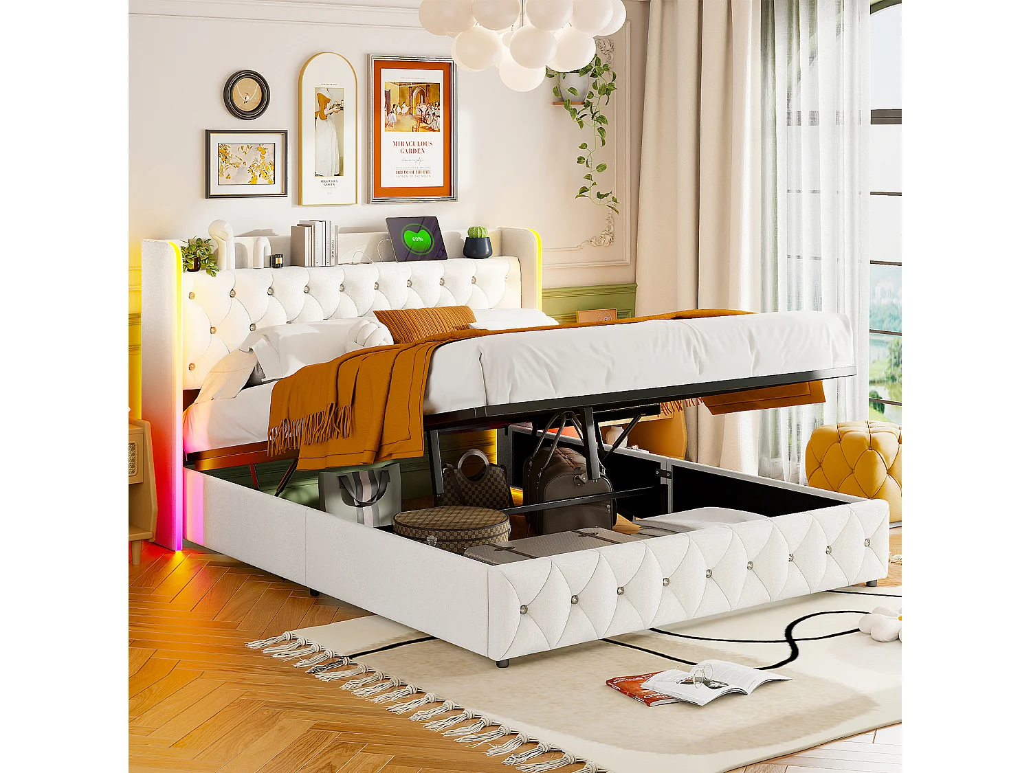 Rivet Rhombus Decor Hydraulic Storage Bed 140x200cm - Lit double avec tête à LED - Fonction de charge USB et cadre à lamelles - Velvet - Beige