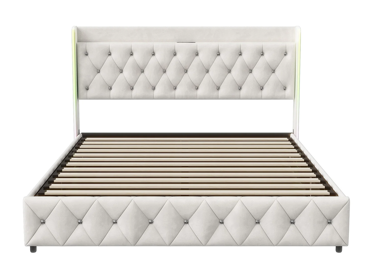 Rivet Rhombus Decor Hydraulic Storage Bed 140x200cm - Lit double avec tête à LED - Fonction de charge USB et cadre à lamelles - Velvet - Beige