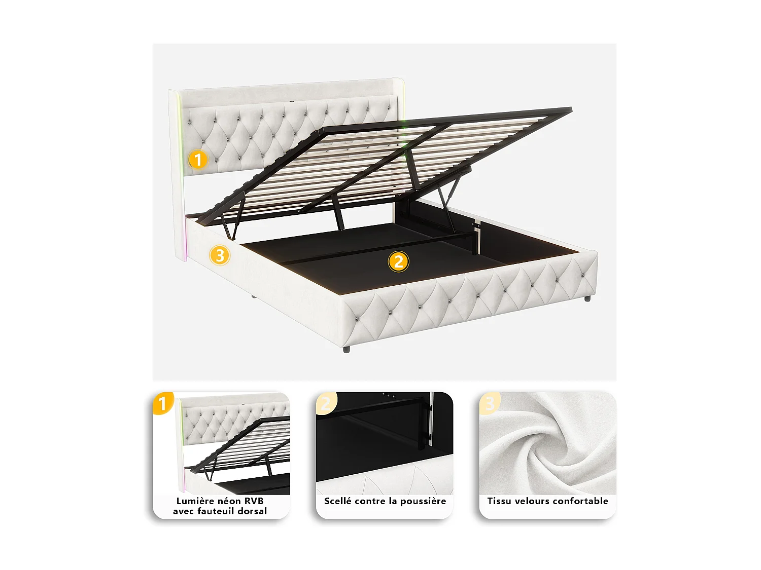 Rivet Rhombus Decor Hydraulic Storage Bed 140x200cm - Lit double avec tête à LED - Fonction de charge USB et cadre à lamelles - Velvet - Beige