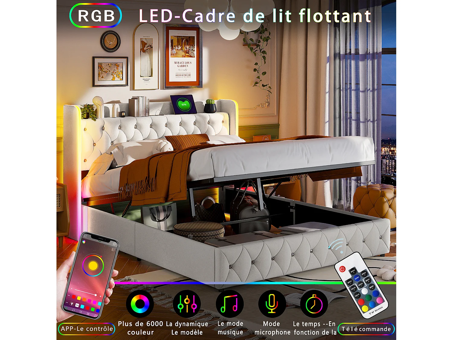 Lit coffre 140x 200 cm avec LED et USB - beige - velours