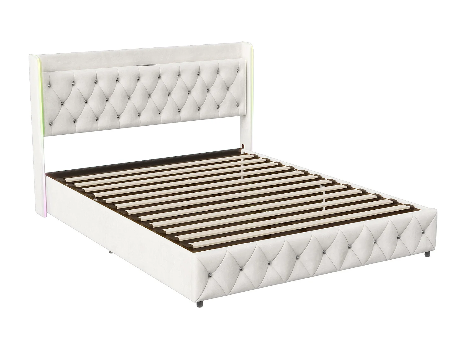 Lit coffre 140x 200 cm avec LED et USB - beige - velours