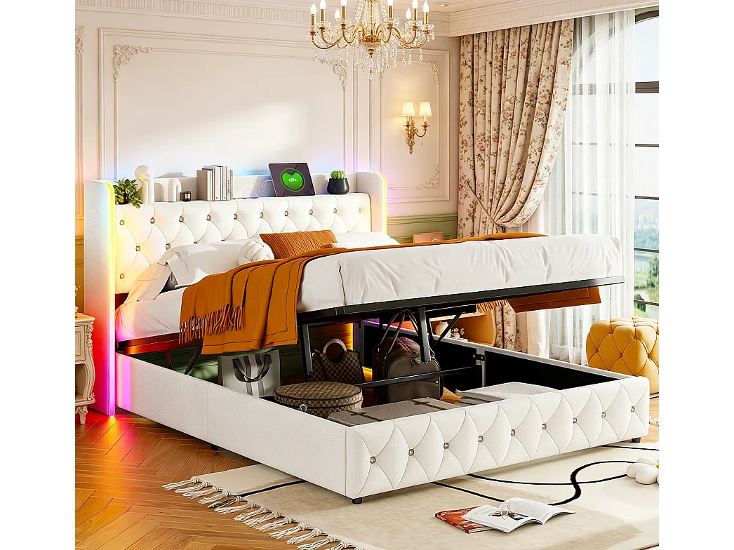 Opbergbed 160x200 cm beige fluweel met geïntegreerde LED, USB, hydraulische opbergruimte en gestoffeerd hoofdeinde
