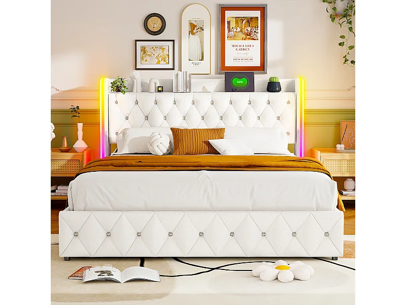 Rivet Rhombus Decor Hydraulic Storage Bed 140x200cm - Lit double avec tête à LED - Fonction de charge USB et cadre à lamelles - Velvet - Beige