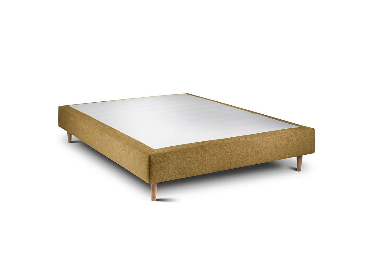 Lit 140x190cm avec tête de lit lignes tissu et sommier tapissier jaune - Hauteur totale : 35cm