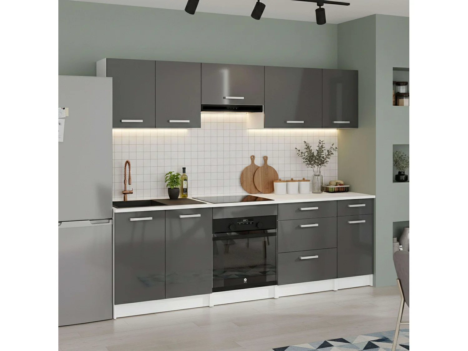 Cocina modular Vetro en melamina 8 módulos 4 cajones blanco y gris 240 cm