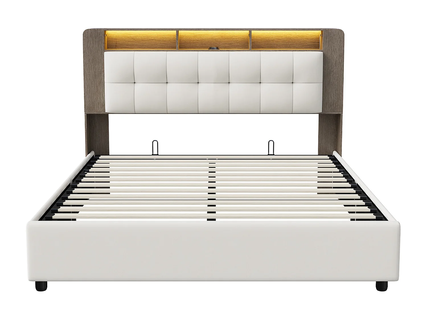Lit hydraulique avec espace de stockage et lumières LED - lit double rembourré avec charge sans fil - cadre de lit en velours pour adultes - 140x200cm