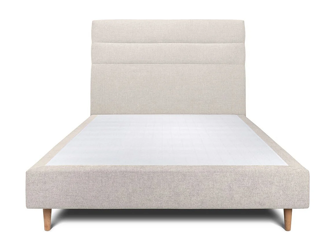 Lit 135x190cm avec tête de lit lignes tissu et sommier tapissier Beige clair - Hauteur totale : 35cm