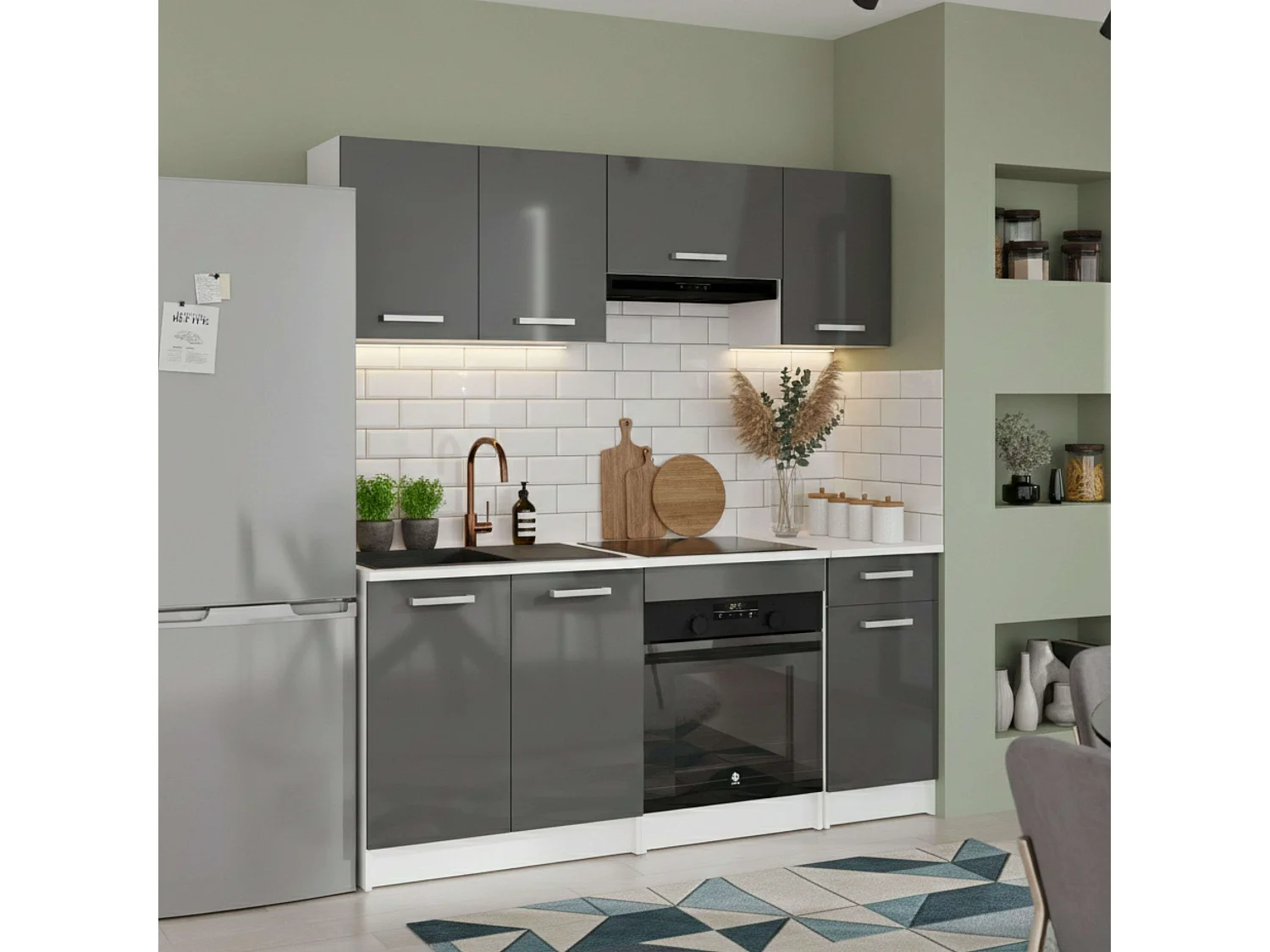 Cocina modular Vetro melamina blanco y gris encimera blanca 180 cm