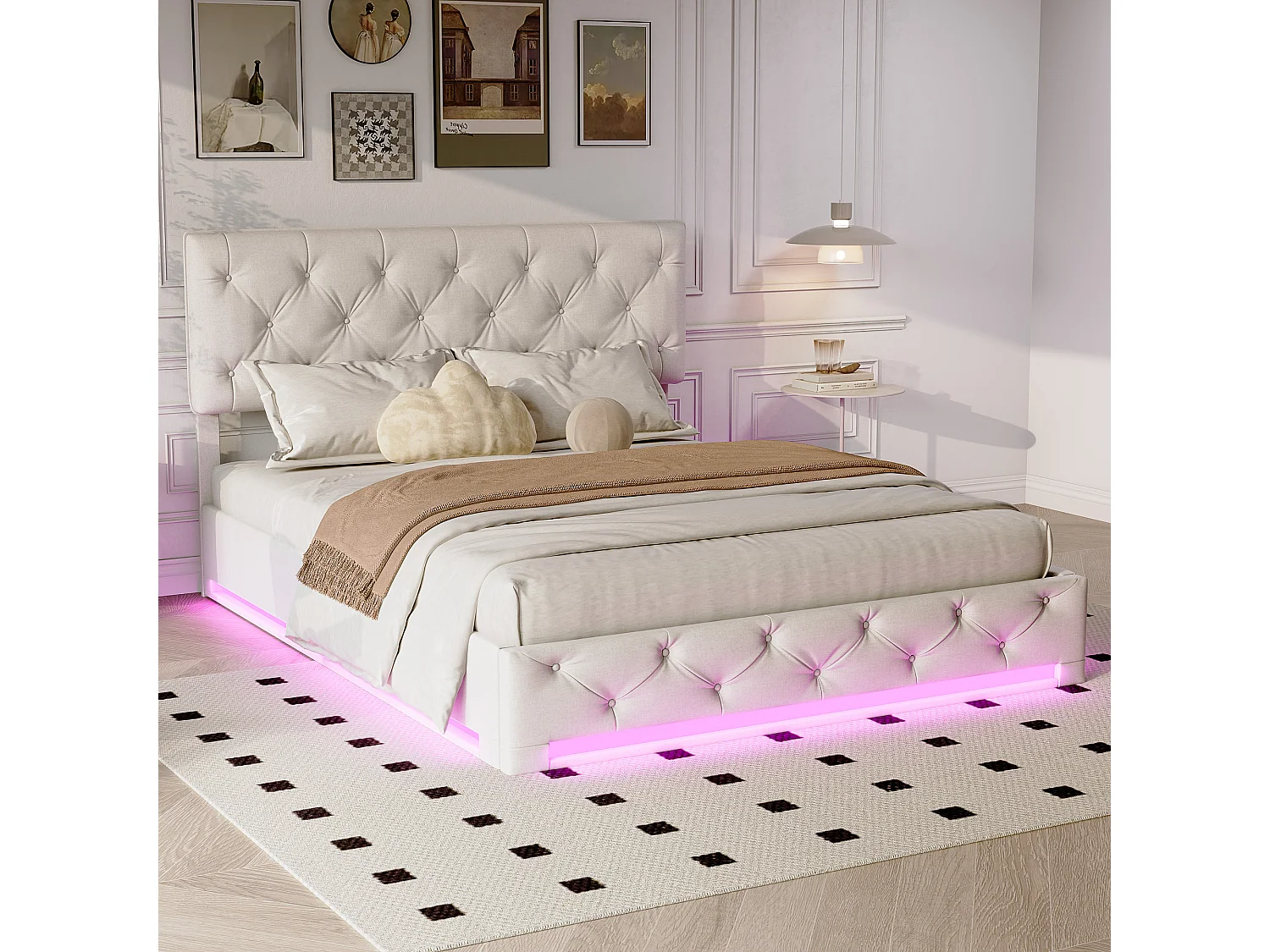 Lit rembourré hydraulique à tête réglable - lit double avec lumières LED RVB - lit de stockage - linge de maison - beige-160x200cm