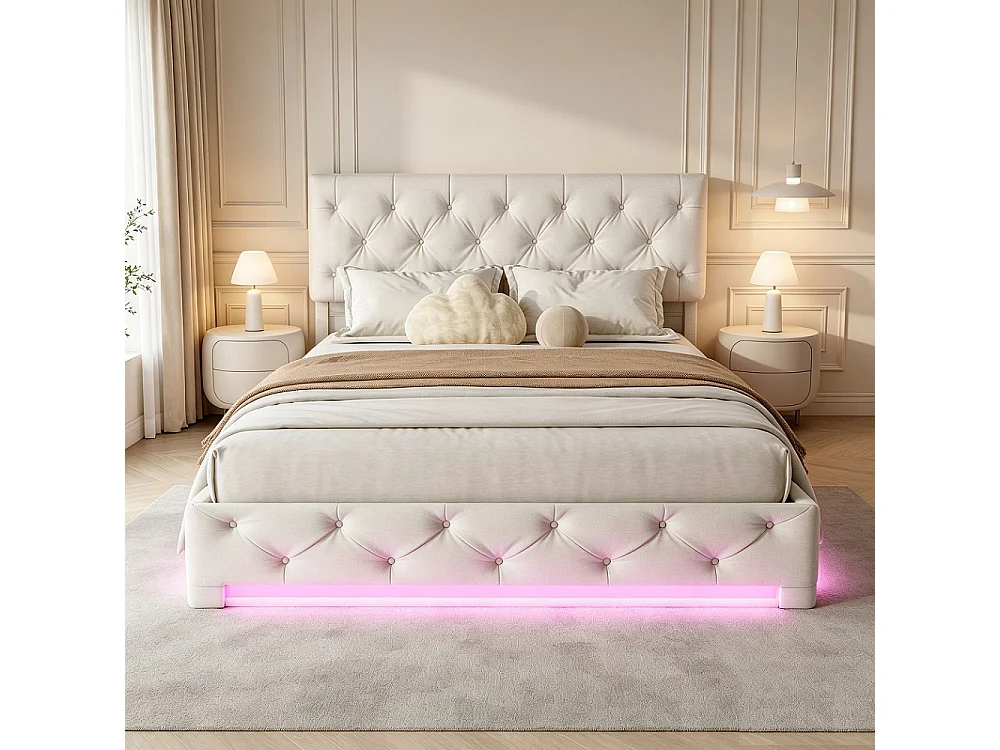 Gepolstertes Doppelbett Beige 160x200 cm mit hydraulischem Stauraum, einstellbaren RGB-LEDs und verstellbarem Kopfteil