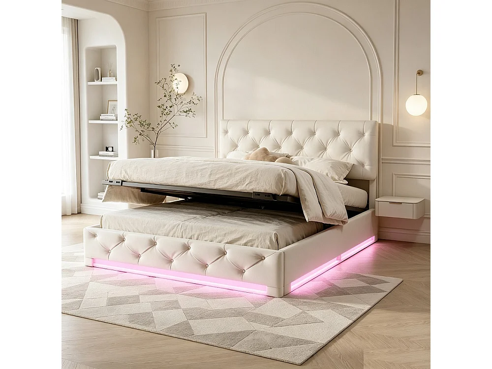 Gepolstertes Doppelbett Beige 160x200 cm mit hydraulischem Stauraum, einstellbaren RGB-LEDs und verstellbarem Kopfteil