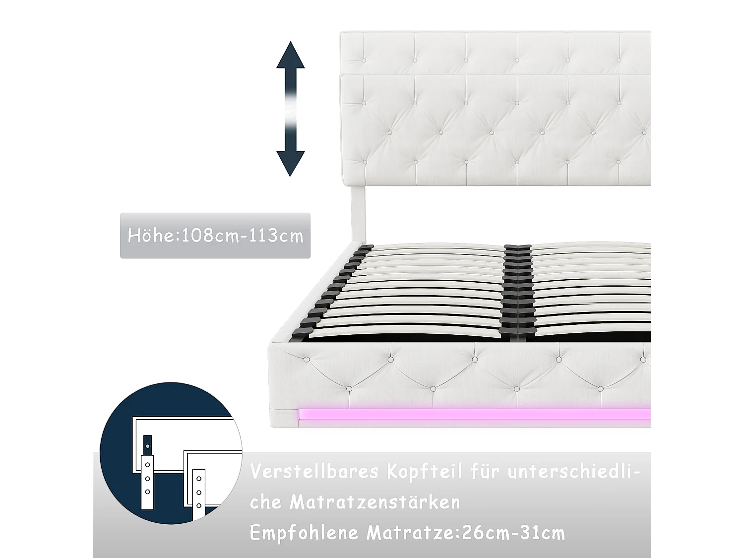 Gepolstertes Doppelbett Beige 160x200 cm mit hydraulischem Stauraum, einstellbaren RGB-LEDs und verstellbarem Kopfteil