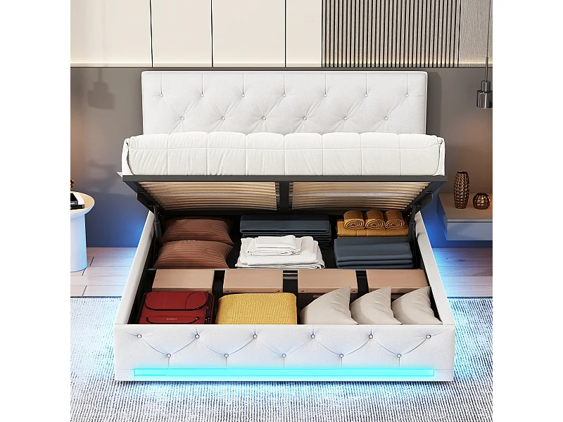 Lit rembourré hydraulique à tête réglable - lit double avec lumières LED RVB - lit de stockage - linge de maison - beige-160x200cm
