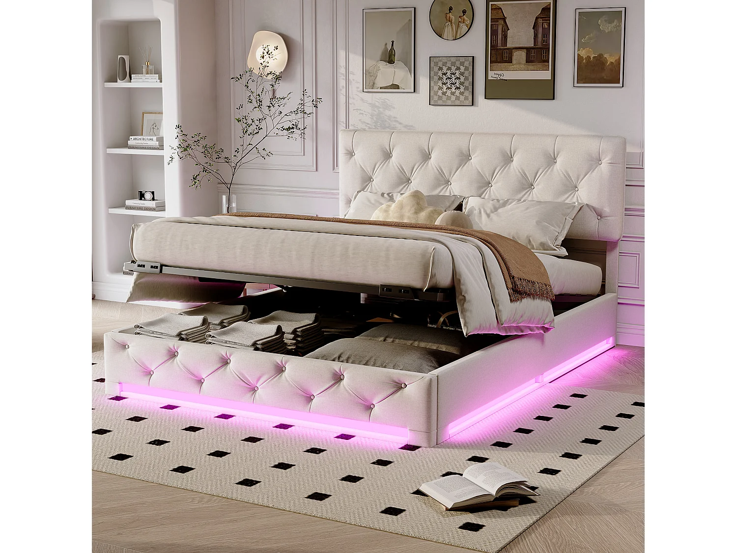 140x200cm lit rembourré hydraulique - lit double avec lumières LED RVB - lit de stockage de tête réglable - linge de maison - beige