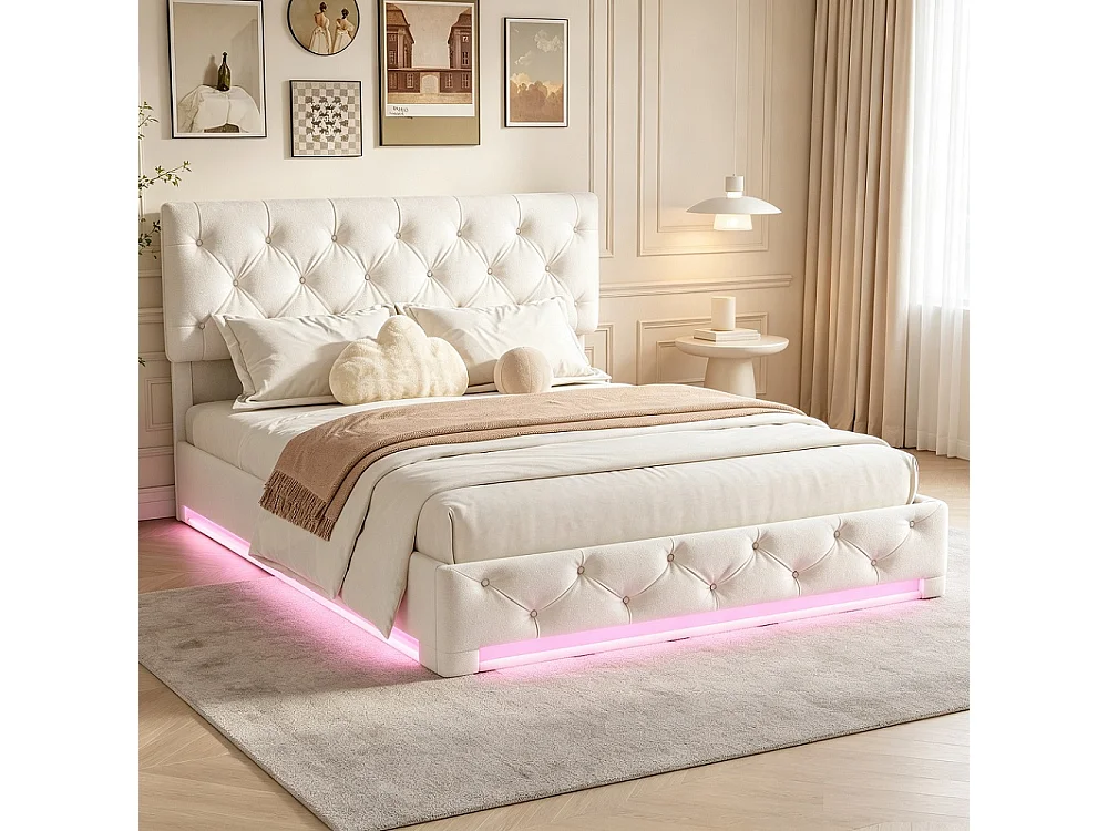 Doppelbett 140x200 cm gepolstert beige mit RGB-LED, hydraulischem Stauraum und verstellbarem Kopfteil - zeitgenössischer Stil ohne Matratze