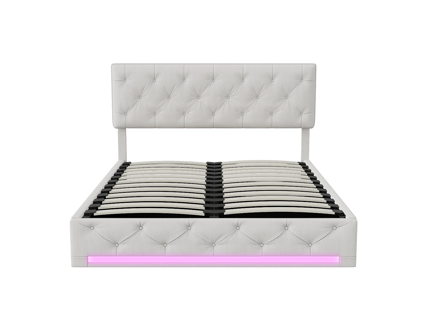 Doppelbett 140x200 cm gepolstert beige mit RGB-LED, hydraulischem Stauraum und verstellbarem Kopfteil - zeitgenössischer Stil ohne Matratze