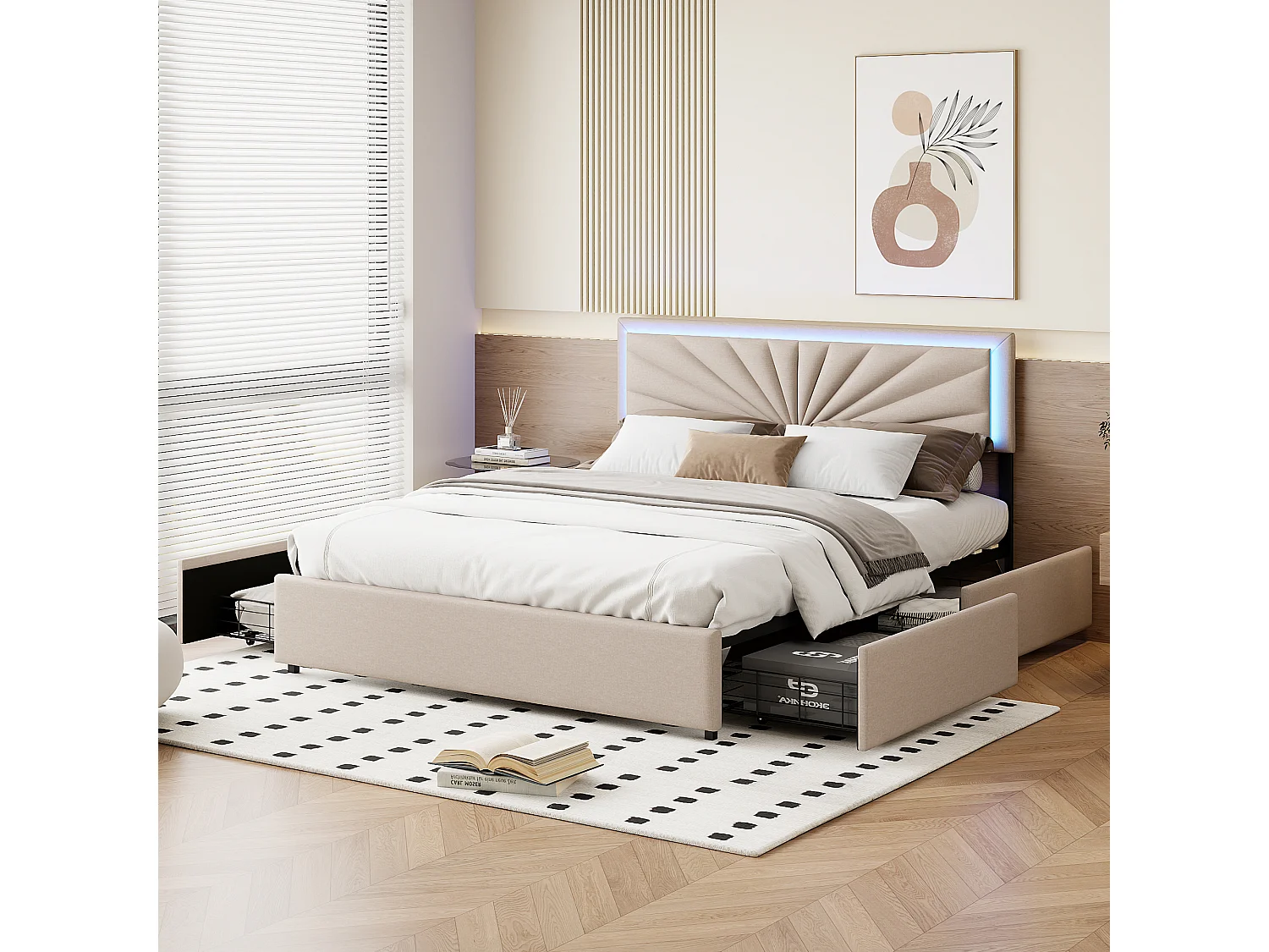 Modernt LED RGB Förvaringsbädd med Justerbart Huvudgavel - 160x200cm - Beige