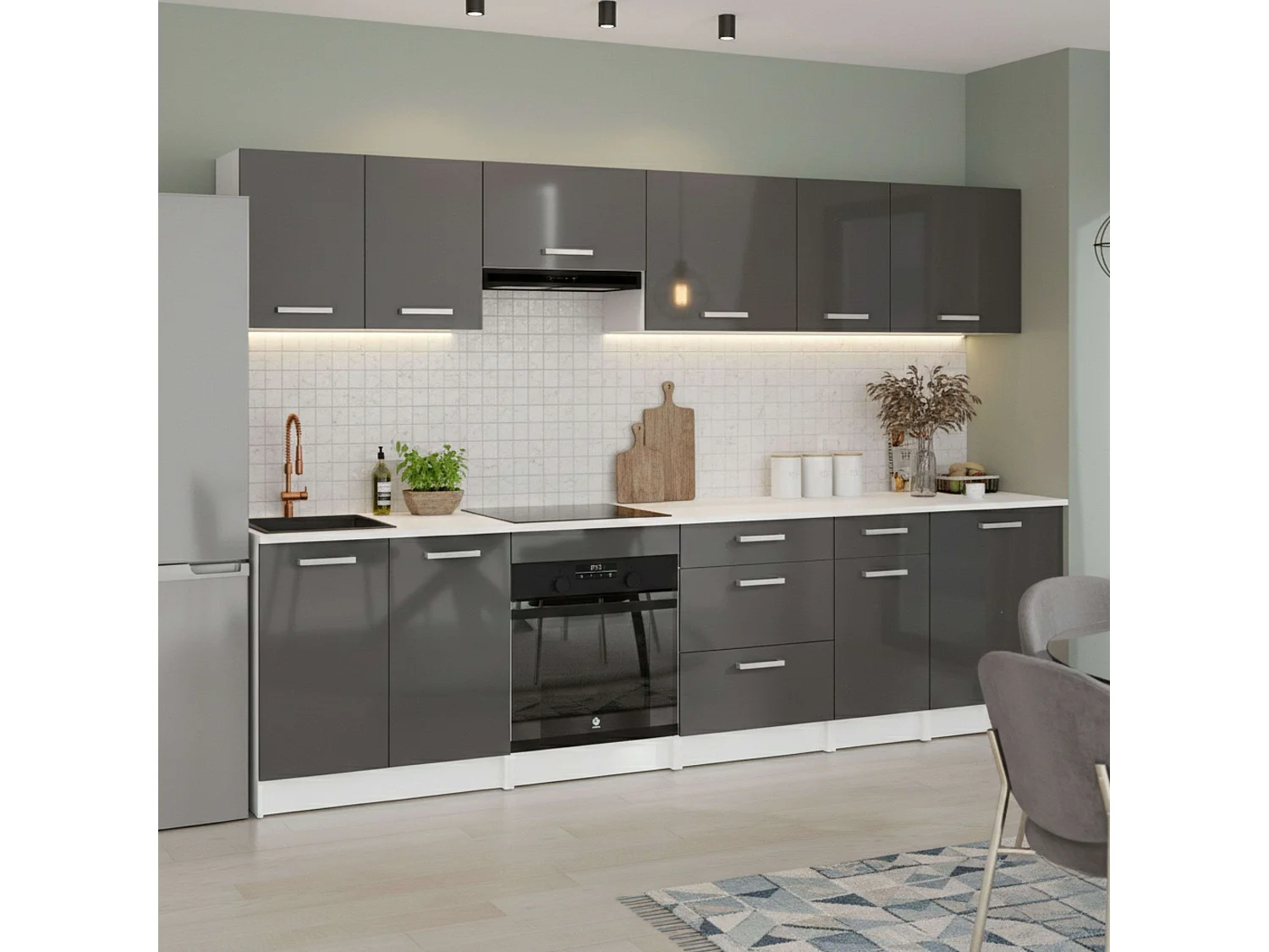 Cocina modular Vetro 10 módulos 10 puertas 4 cajones melamina 300 cm