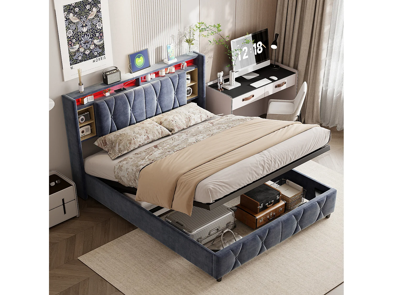 Cap de lit avec éclairage LED et ports USB Cadre de lit hydraulique - Lit double rembourré en velours avec compartiments et cadre à lames - 140x200 cm- Gris