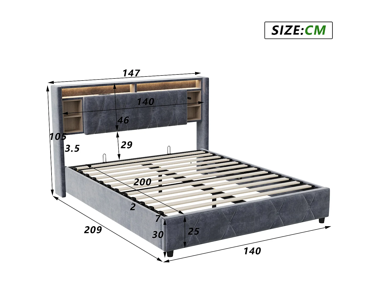 Cap de lit avec éclairage LED et ports USB Cadre de lit hydraulique - Lit double rembourré en velours avec compartiments et cadre à lames - 140x200 cm- Gris