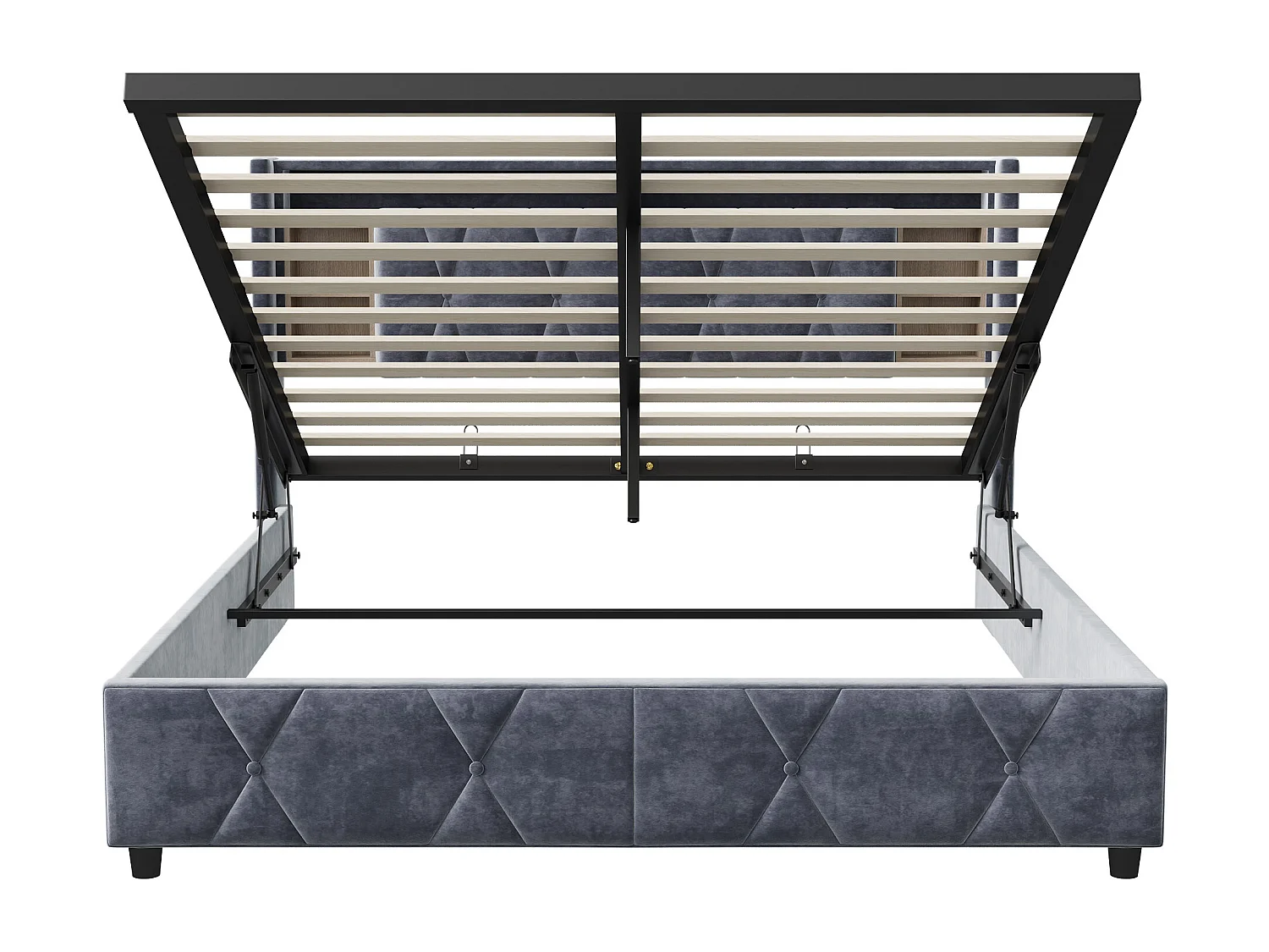 Cap de lit avec éclairage LED et ports USB Cadre de lit hydraulique - Lit double rembourré en velours avec compartiments et cadre à lames - 140x200 cm- Gris