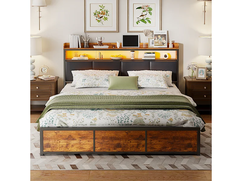 Cadre de lit en métal avec tête en bois PU - lit rembourré de style vintage avec 4 tiroirs - lit double avec lumières LED - noir - 160 x 200cm