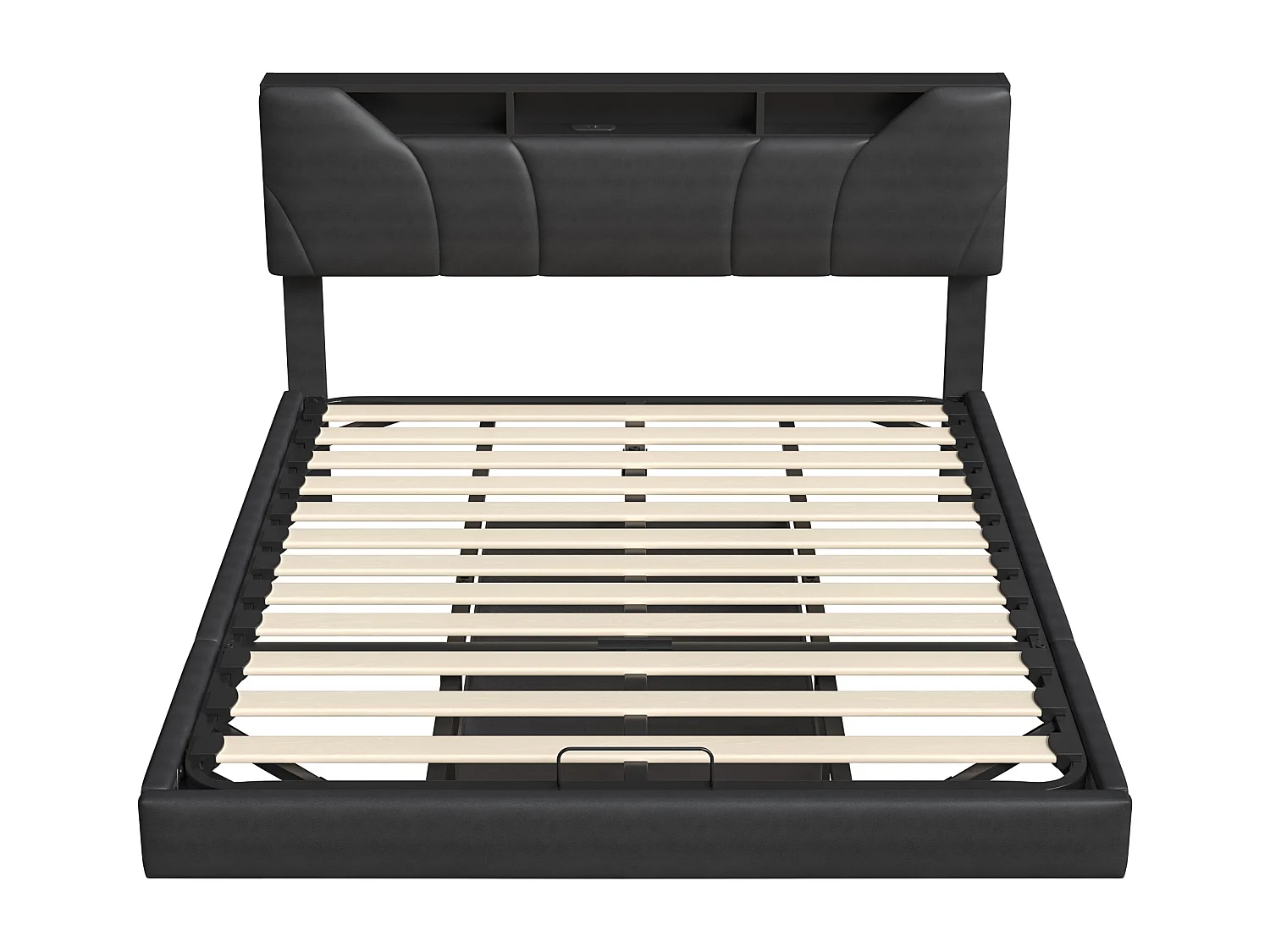 Lit flottant PU noir - lit de stockage hydraulique 160x200cm avec lumières LED et port de charge USB - lit double rembourré