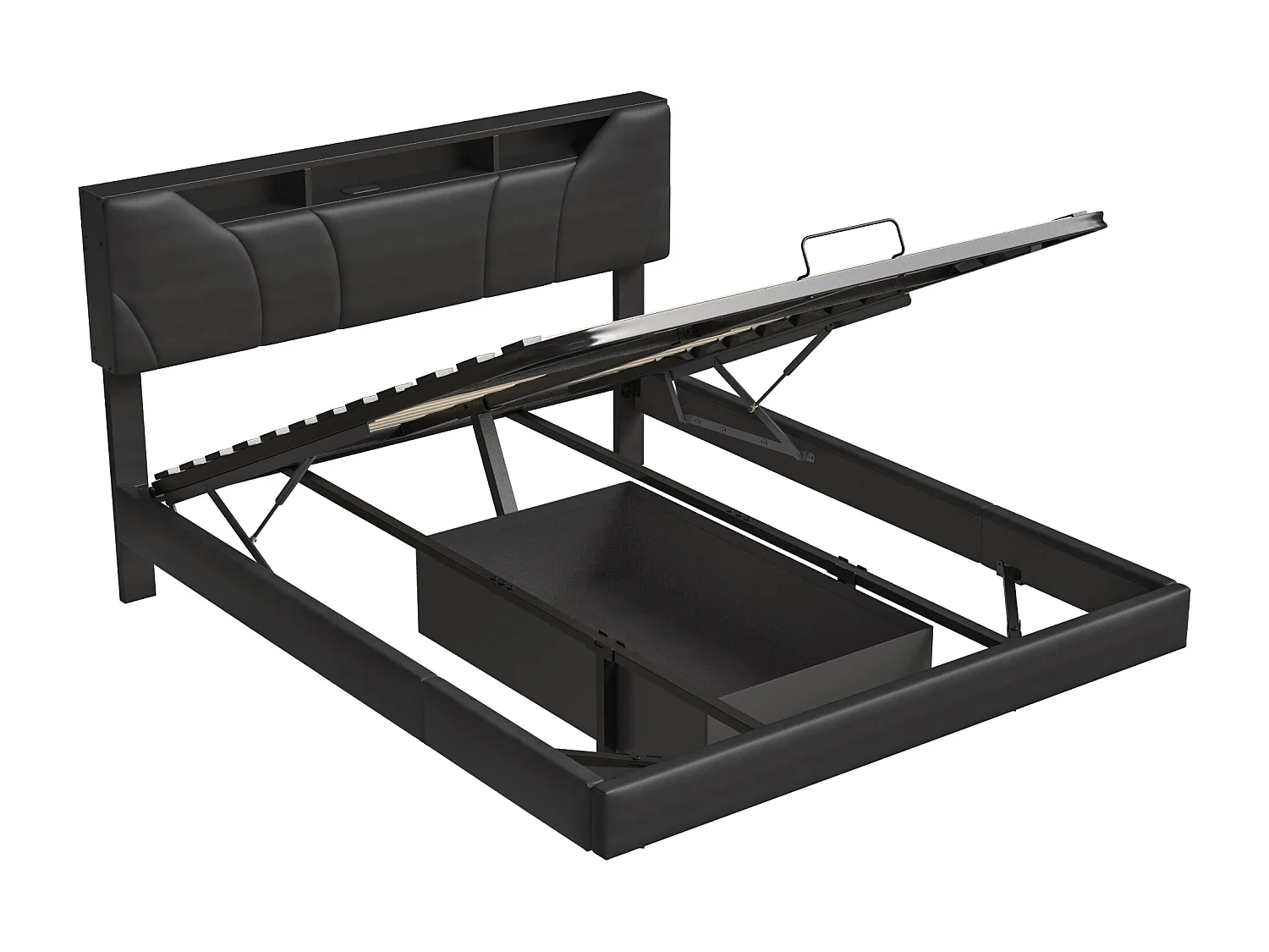 Lit flottant PU noir - lit de stockage hydraulique 160x200cm avec lumières LED et port de charge USB - lit double rembourré