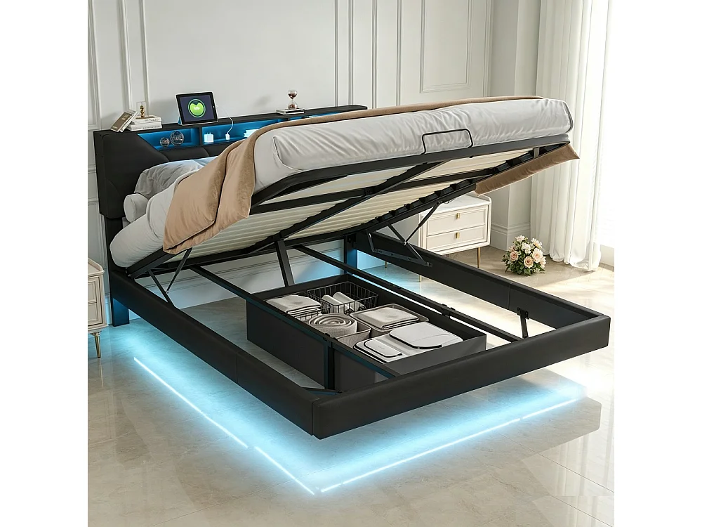 Lit flottant PU noir - lit de stockage hydraulique 160x200cm avec lumières LED et port de charge USB - lit double rembourré