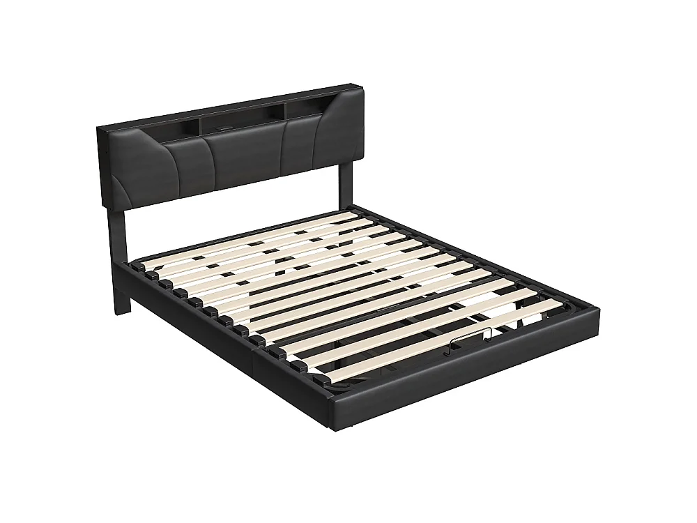 Lit flottant PU noir - lit de stockage hydraulique 160x200cm avec lumières LED et port de charge USB - lit double rembourré