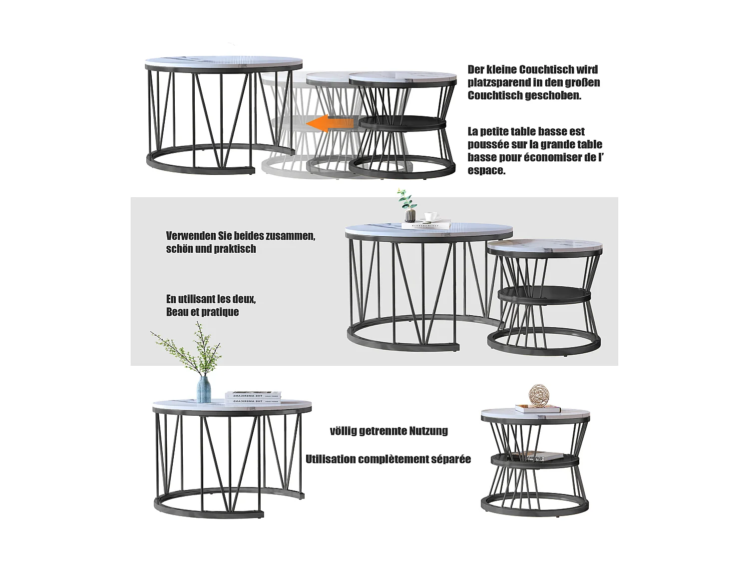 Ensemble de table basse en placage de marbre - 2pcs Tables de thé rondes modernes - Table latérale du salon avec cadre en métal - Table d'extrémité du canapé - noir