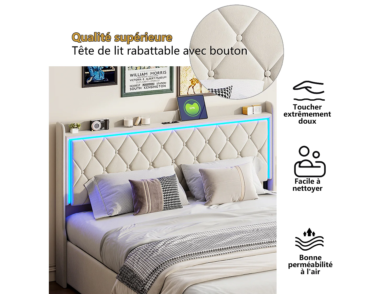 Lit de stockage hydraulique 160x200cm - Lit rembourré avec tête à LED - Lit double avec fonction de charge - Tissu velours - beige