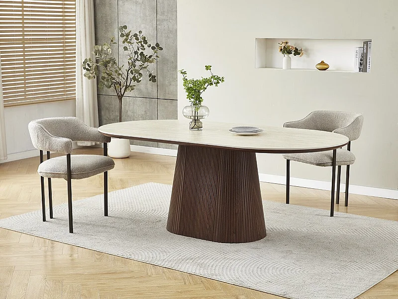 Mesa de comedor ovalada para 8 personas "Portofino" en piedra travertino y madera marrón, 200x100 cm, diseño elegante y robusto