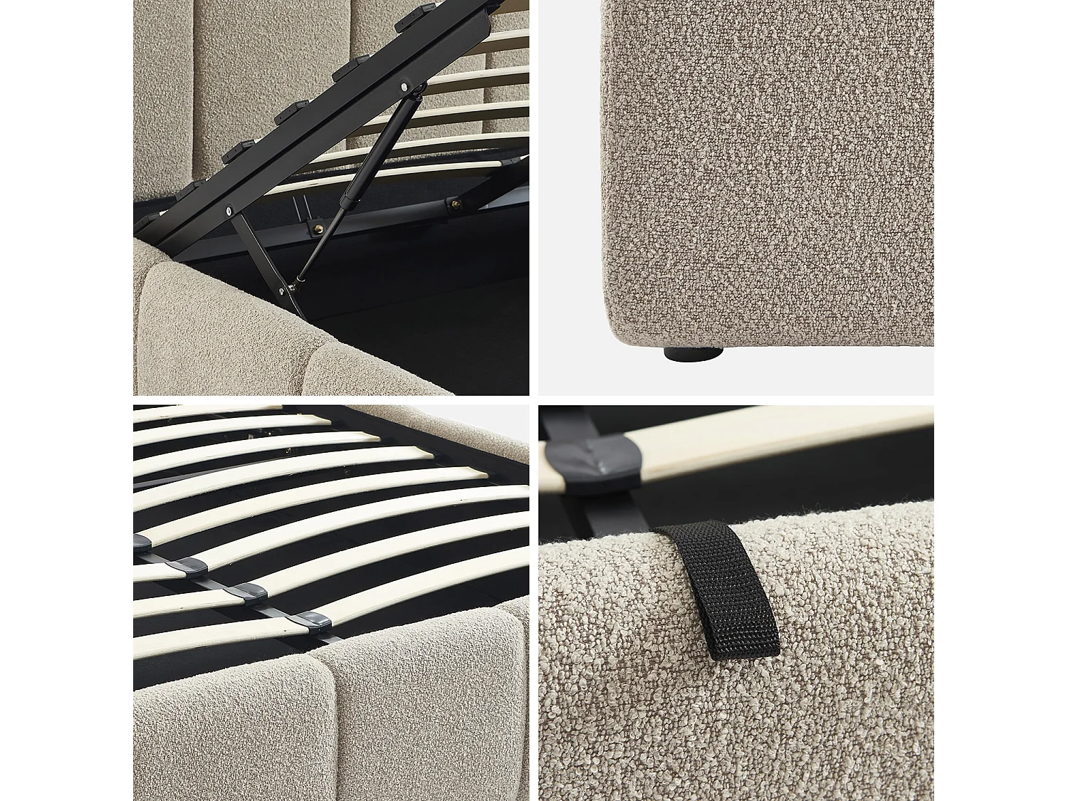 Letto contenitore con rete a doghe e testiera 160x200cm, bouclé ,