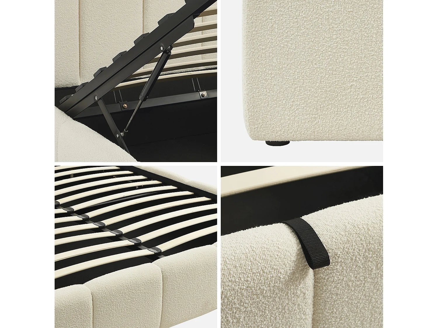 Letto contenitore con rete a doghe e testiera 160x200cm, bouclé ,