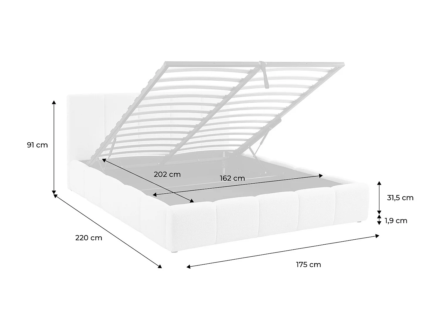 Letto contenitore con rete a doghe e testiera 160x200cm, bouclé ,